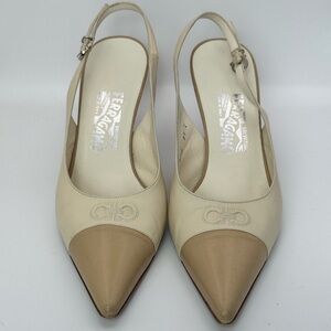 Salvatore Ferragamo Pointed Toe Slingback Heels in Beige Leather Size 8.5